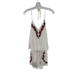 Umgee Embroidered Rose Floral Halter Romper Womens L Boho Coquette Fairy Flowy